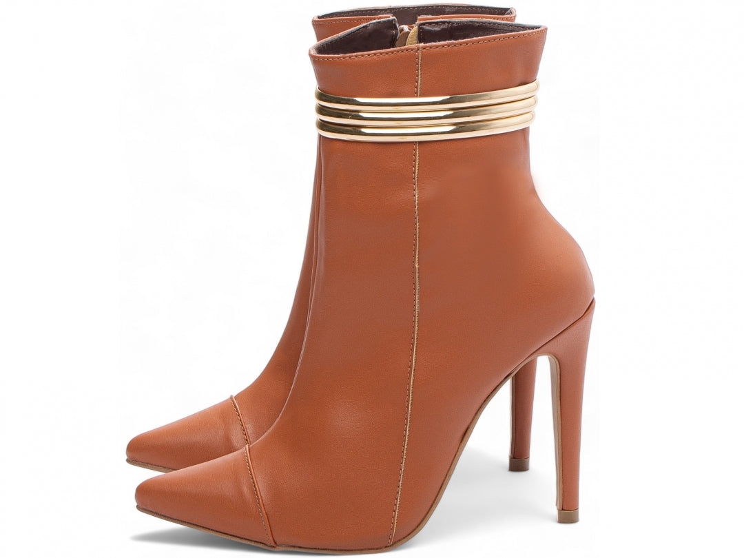 Bota Glamour Jovem Caramelo Torrícella - Tira em Cores Douradas - Bico Fino