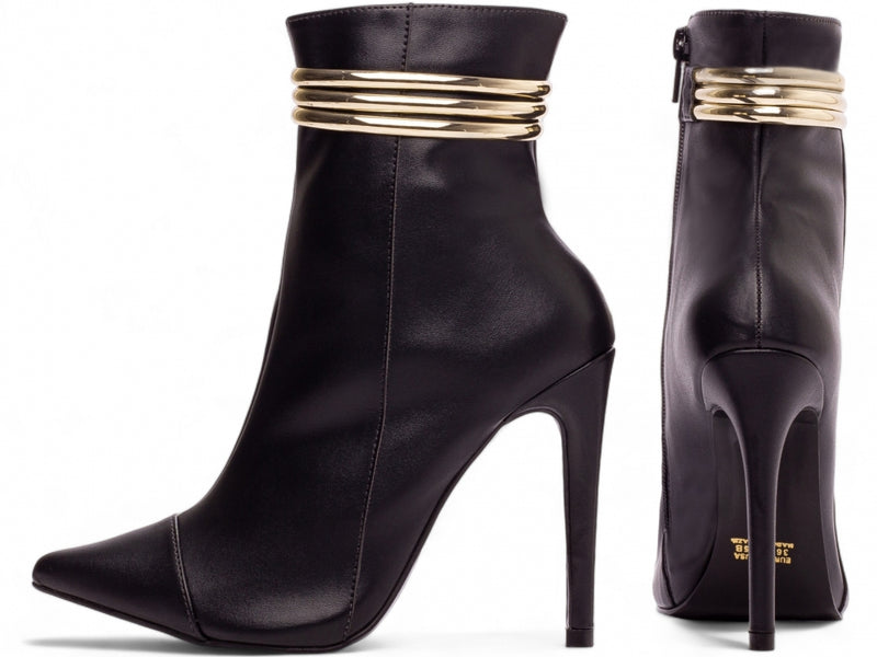 Bota Glamour Jovem Preta Torrícella - Tira em Cores Douradas - Bico Fino