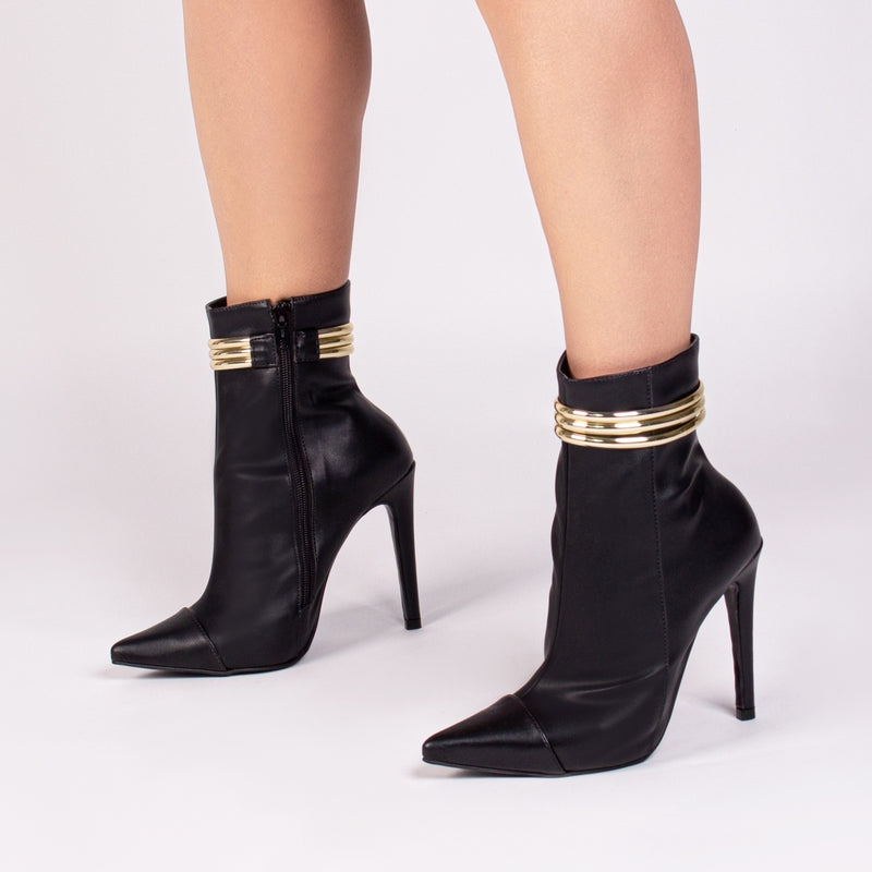 Bota Glamour Jovem Preta Torrícella - Tira em Cores Douradas - Bico Fino