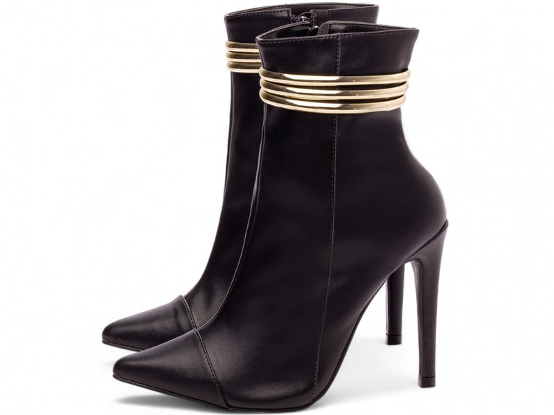 Bota Glamour Jovem Preta Torrícella - Tira em Cores Douradas - Bico Fino