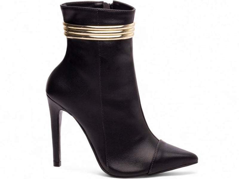 Bota Glamour Jovem Preta Torrícella - Tira em Cores Douradas - Bico Fino