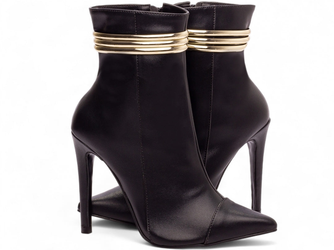 Bota Glamour Jovem Preta Torrícella - Tira em Cores Douradas - Bico Fino
