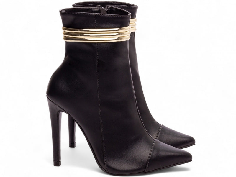 Bota Glamour Jovem Preta Torrícella - Tira em Cores Douradas - Bico Fino