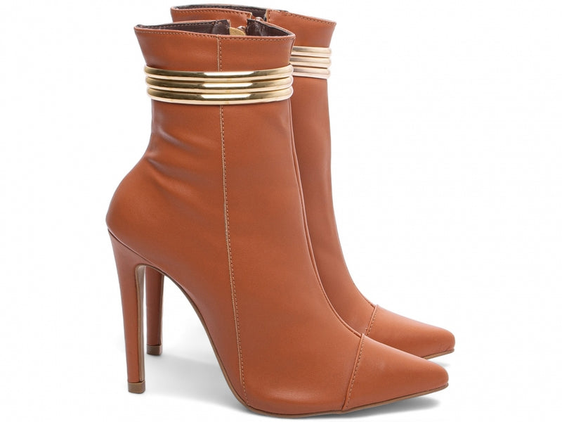Bota Glamour Jovem Caramelo Torrícella - Tira em Cores Douradas - Bico Fino