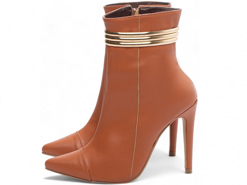 Bota Glamour Jovem Caramelo Torrícella - Tira em Cores Douradas - Bico Fino