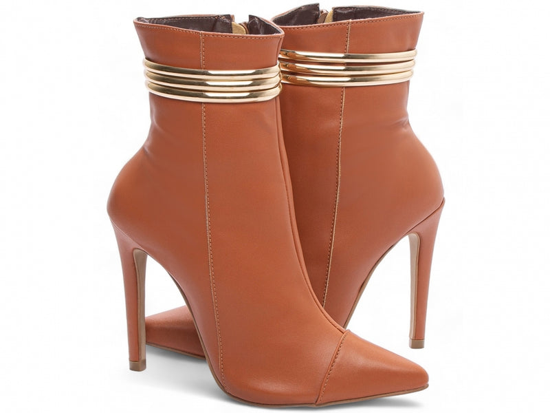 Bota Glamour Jovem Caramelo Torrícella - Tira em Cores Douradas - Bico Fino