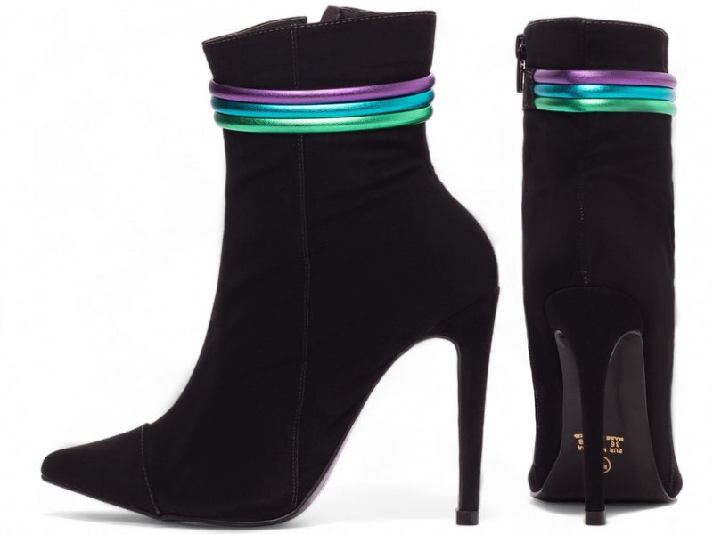 Bota Jovial Preta Torrícella - Tira em Cores Vibrantes - Bico Fino